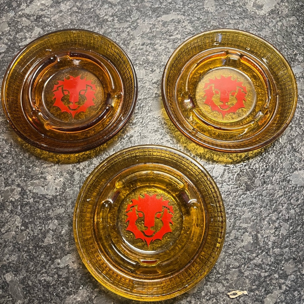 3 Amber Glass Ashtrays from MGM GRAND LAS VEGAS with Red Dragon Design. Exc con